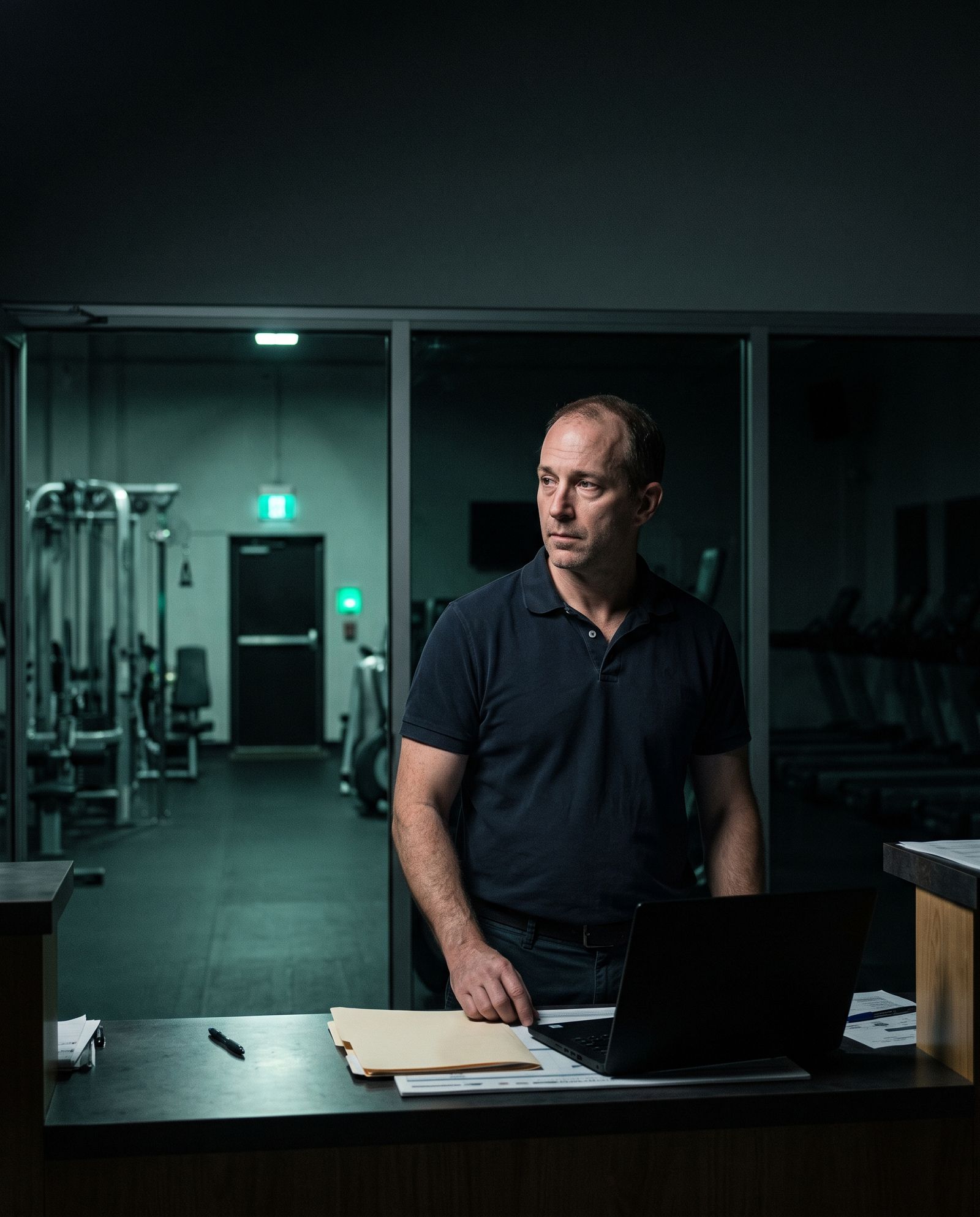 Dueño de un gimnasio, de noche y con el centro cerrado, mira la sala de entrenamiento vacía desde la recepción en lugar de mirar los papeles que tiene delante