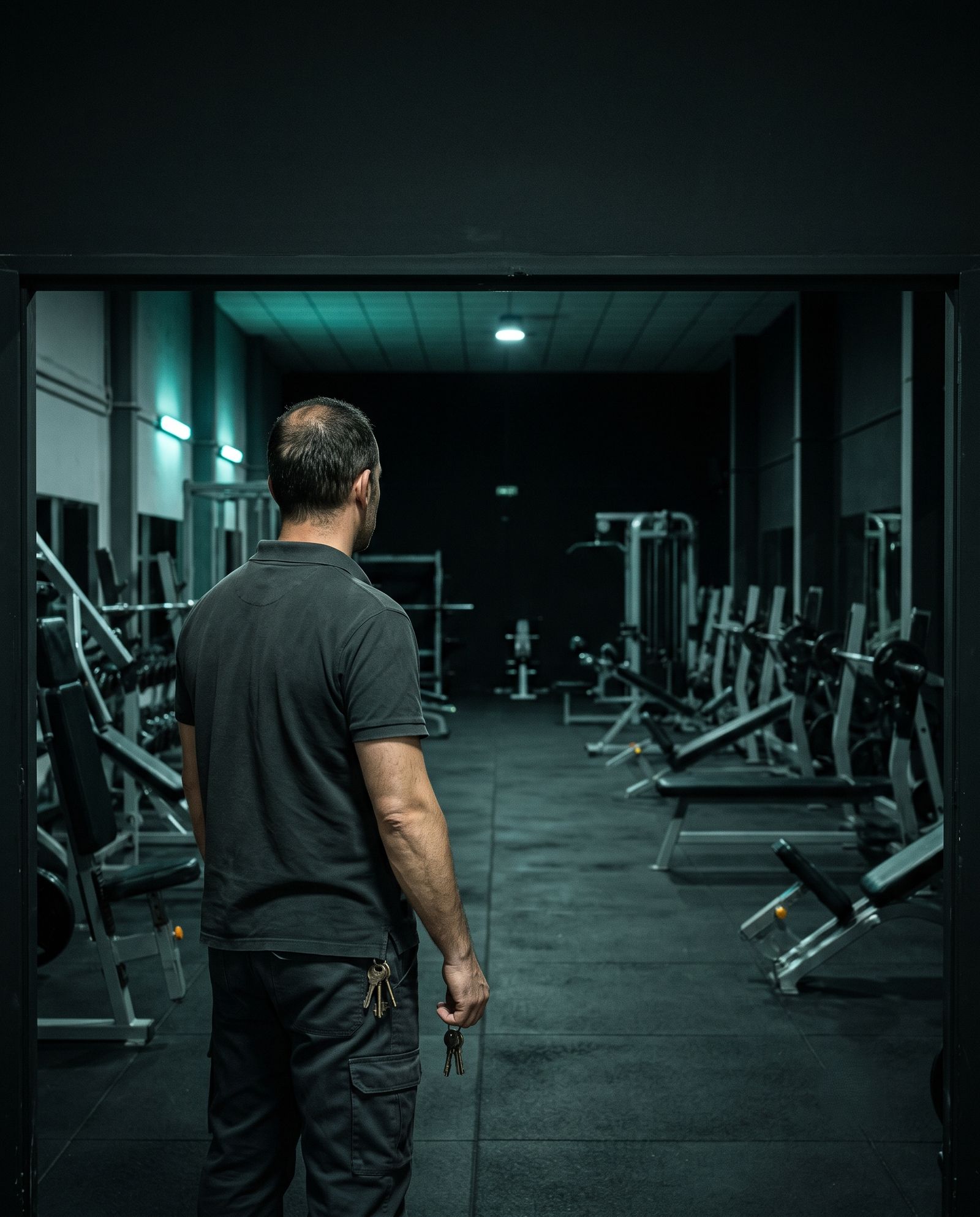 Dueño de un gimnasio de pie en la puerta de la sala vacía a última hora, con las llaves en la mano