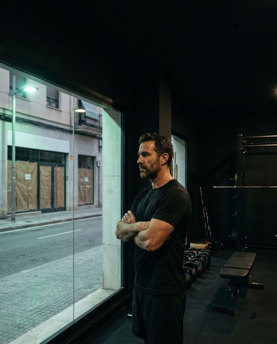 Dueño de un estudio boutique mirando desde su ventanal un local en obras al otro lado de la calle