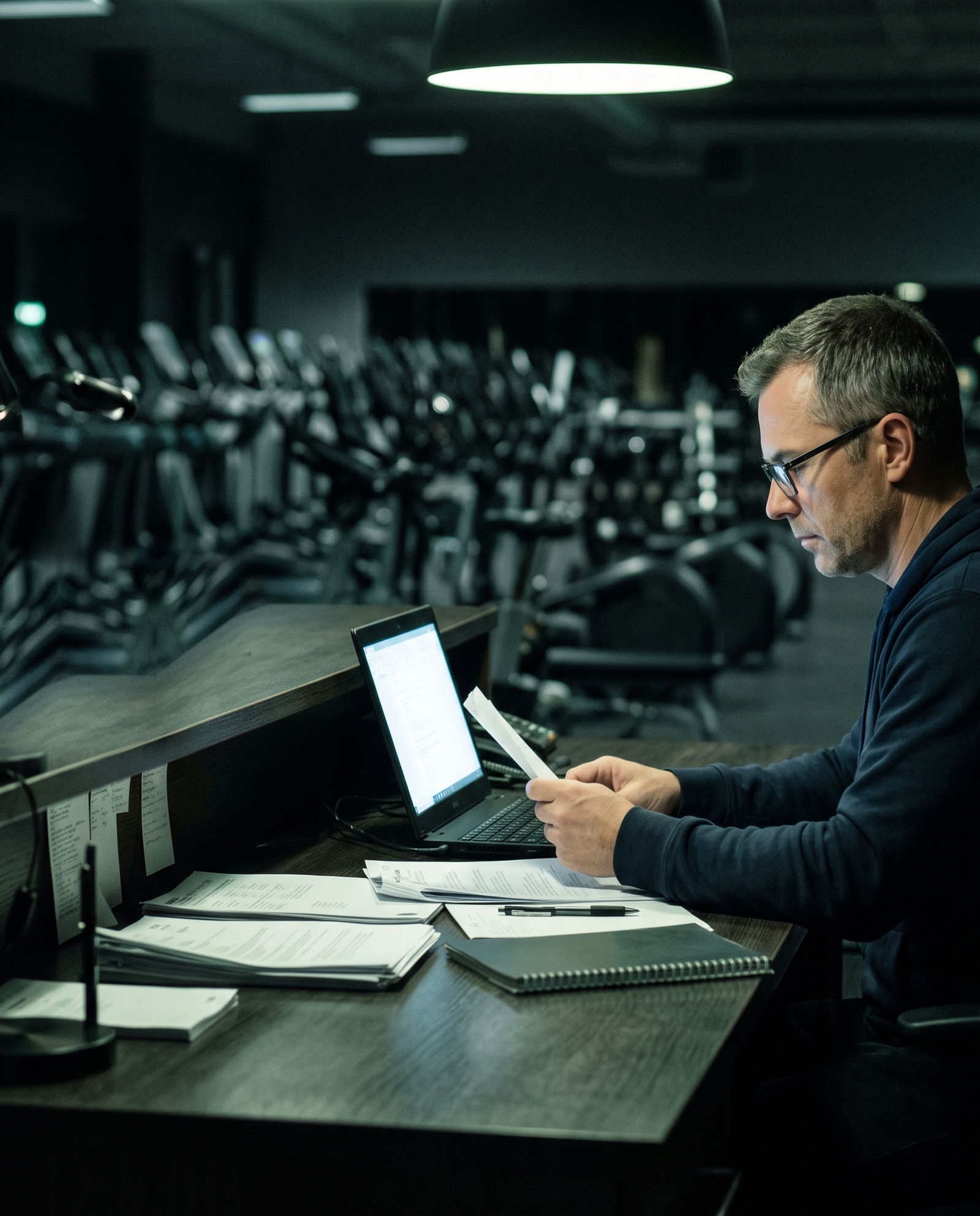Gerente de un centro fitness revisando las cuentas del mes en la recepción vacía de su instalación