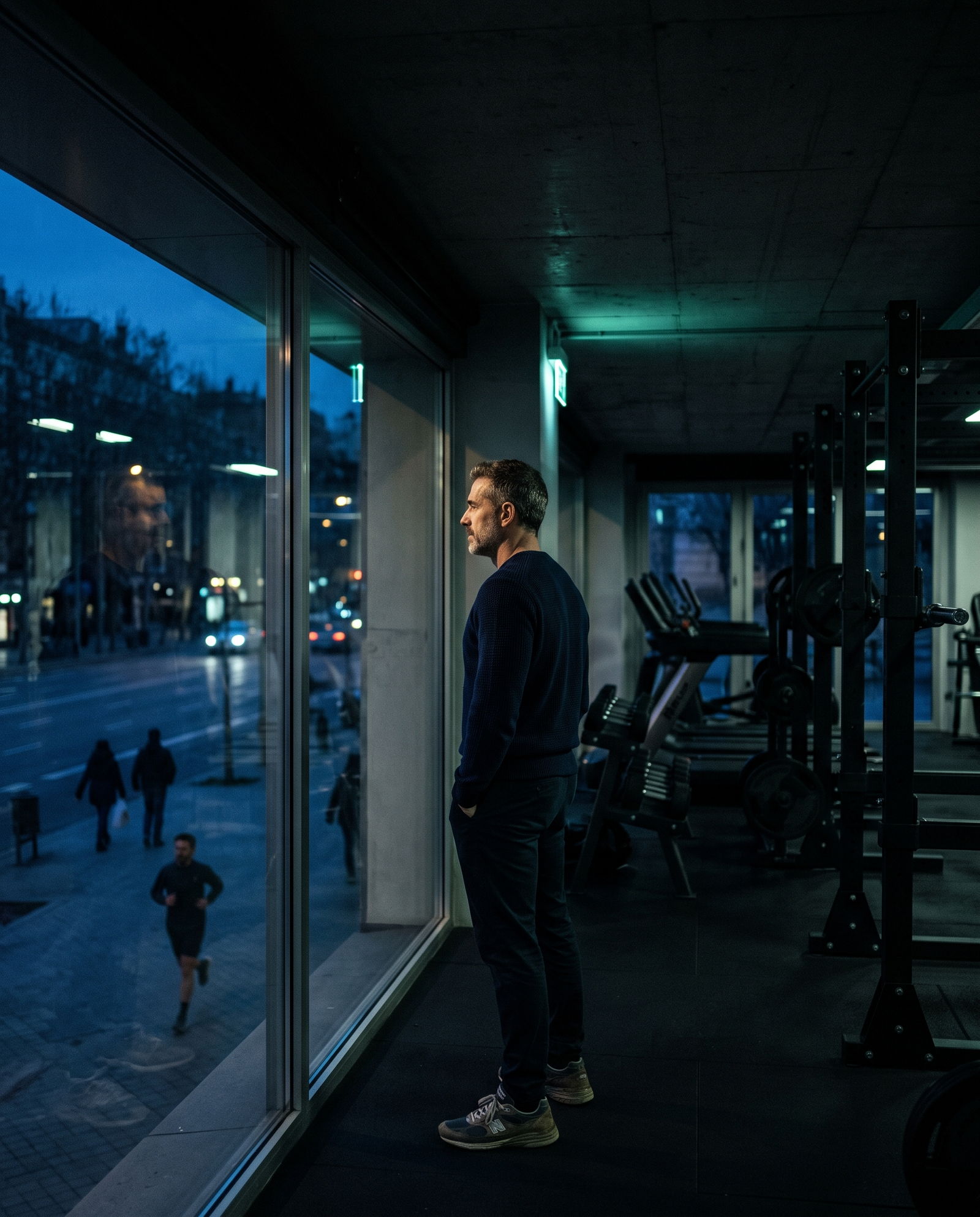 Dueño de un gimnasio mirando la calle desde el ventanal de su centro al final del día