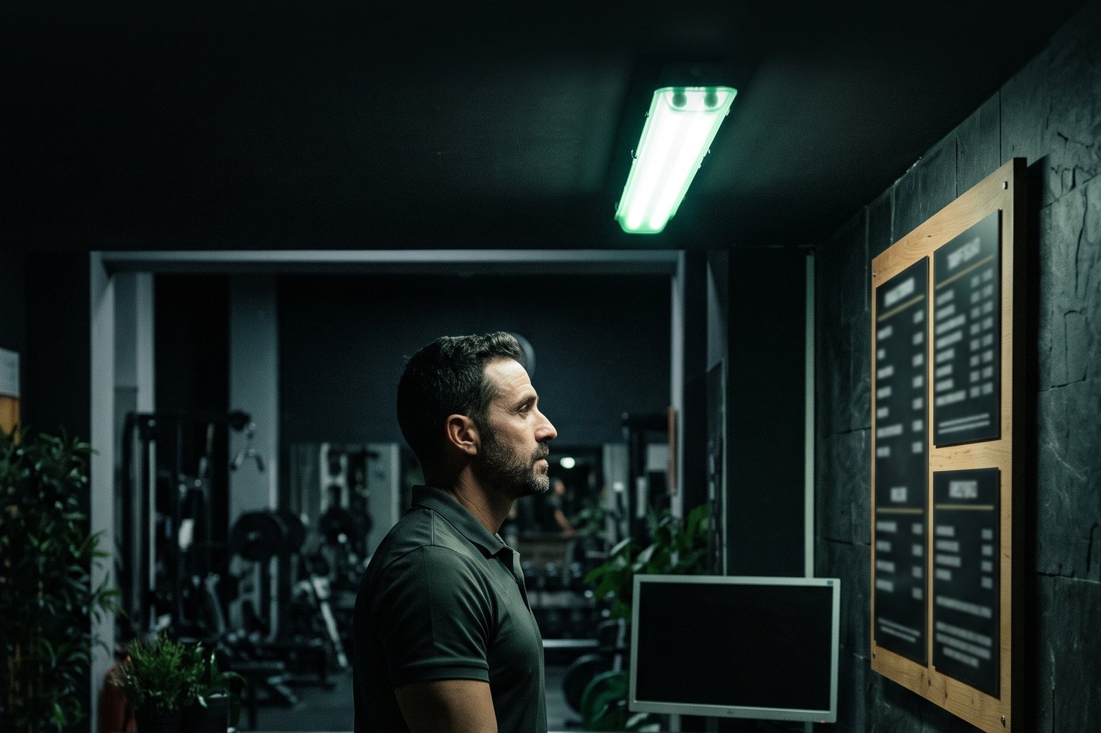 Dueño de un gimnasio mirando el cuadro de tarifas de su centro al final del día