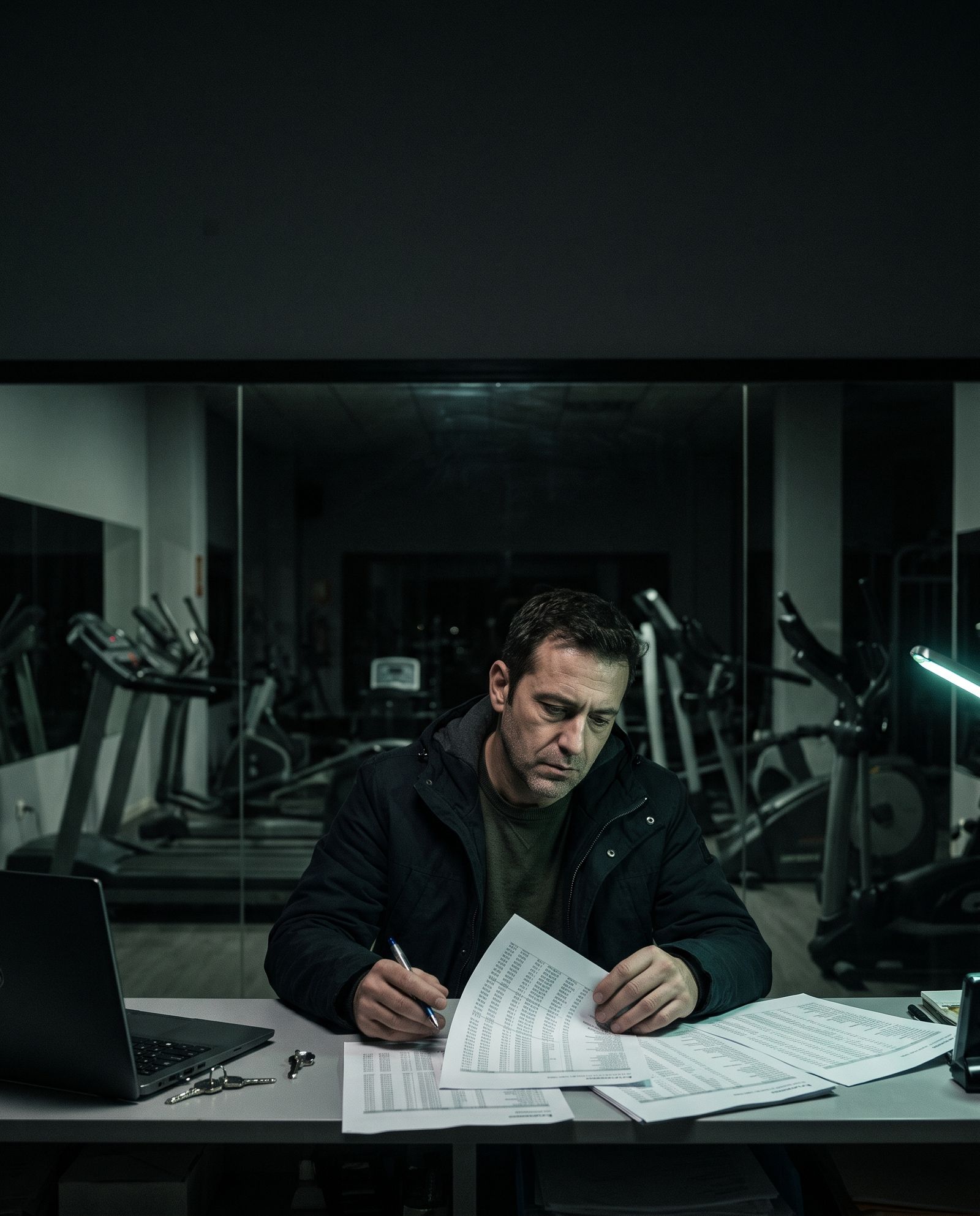 Comprador revisando de noche el listado de socios en la recepción vacía de un gimnasio en traspaso